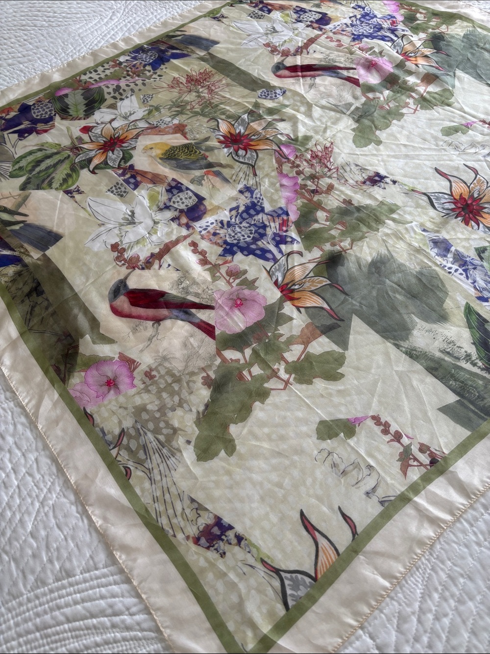 Vintage Italian Silk Scarf Botanical Avian Birds Floral Large Square